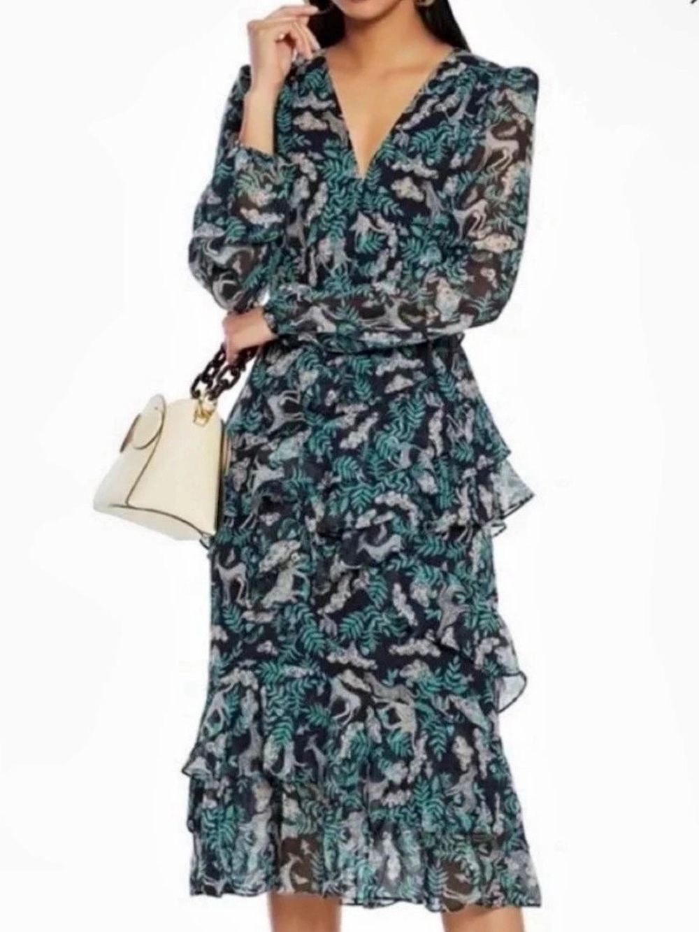 S A L O N I Animal Print Midi Dress in Black & Green Size 2 Like New